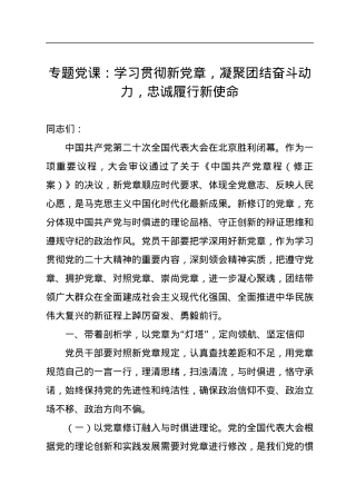 专题党课：学习贯彻新党章，凝聚团结奋斗动力，忠诚履行新使命.docx