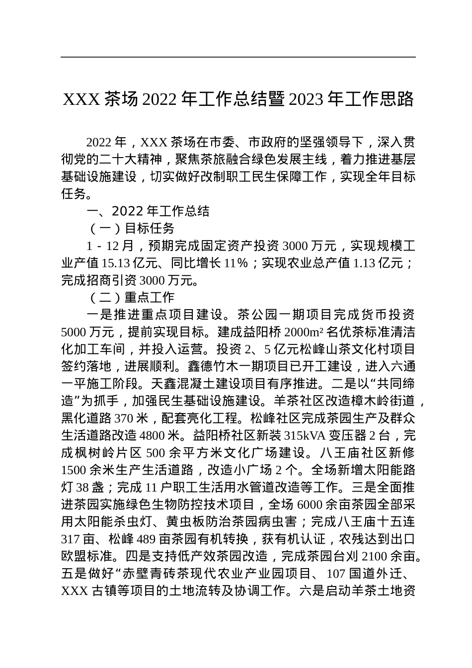 XXX茶场2022年工作总结暨2023年工作思路(20221103).docx_第1页