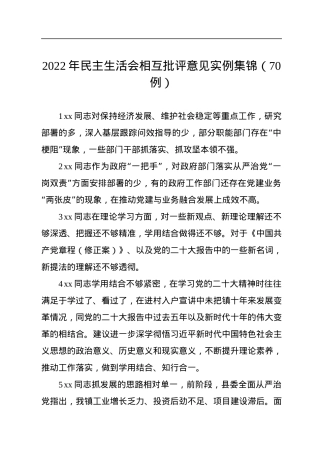 2022年民主生活会相互批评意见实例集锦（70例）.docx