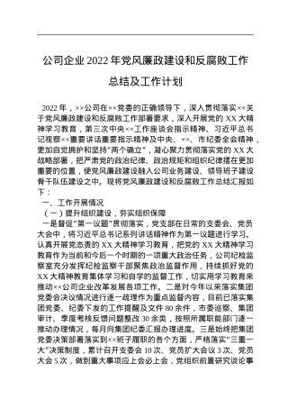 公司企业2022年党风廉政建设和反腐败工作总结及工作计划.docx