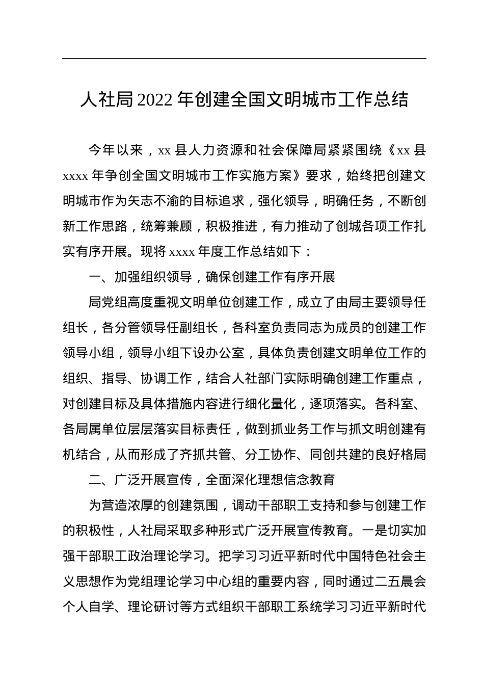 人社局2022年创建全国文明城市工作总结.docx_第1页