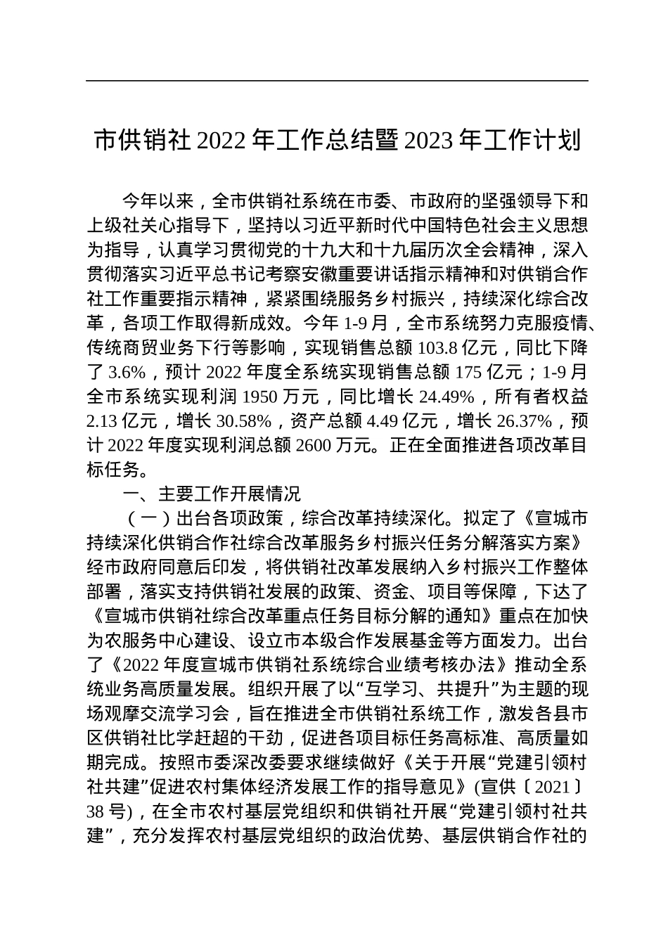 市供销社2022年工作总结暨2023年工作计划(20221102).docx_第1页