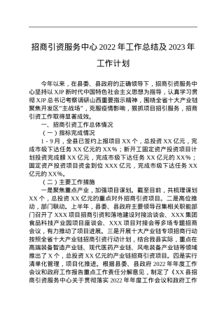招商引资服务中心2022年工作总结及2023年工作计划.docx