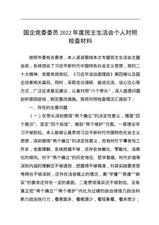 国企党委委员2022年度民主生活会个人对照检查材料.docx