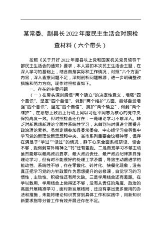 某常委、副县长2022年度民主生活会对照检查材料（六个带头）.docx