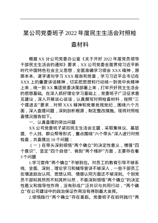 某公司党委班子2022年度民主生活会对照检查材料.docx