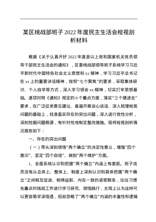 某区统战部班子2022年度民主生活会检视剖析材料.docx