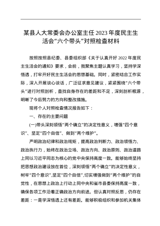 某县人大常委会办公室主任2023年度民主生活会“六个带头”对照检查材料.docx