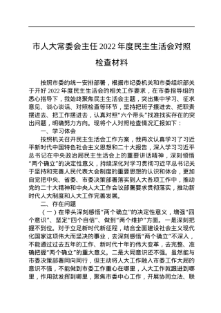 市人大常委会主任2022年度民主生活会对照检查材料.docx