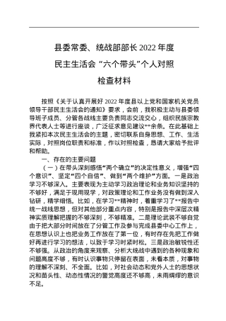 县委常委、统战部部长2022年度民主生活会+“六个带头”个人对照检查材料.docx