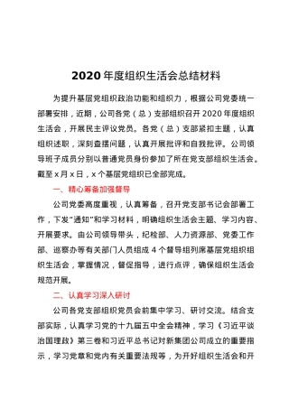 2020年度组织生活会总结材料.docx