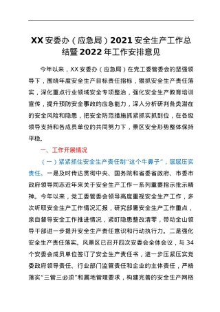 XX安委办（应急局）2021安全生产工作总结暨2022年工作安排意见.docx