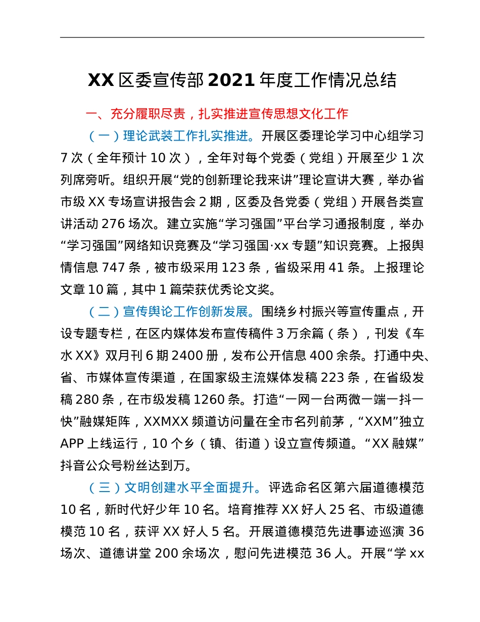 XX区委宣传部2021年度工作情况总结.Doc_第1页