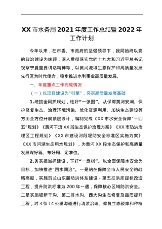 XX市水务局2021年度工作总结暨2022年工作计划.doc