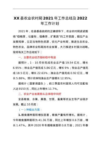 XX县农业农村局2021年工作总结及2022年工作计划.doc