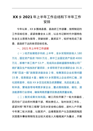 XX乡2021年上半年工作总结和下半年工作安排.doc