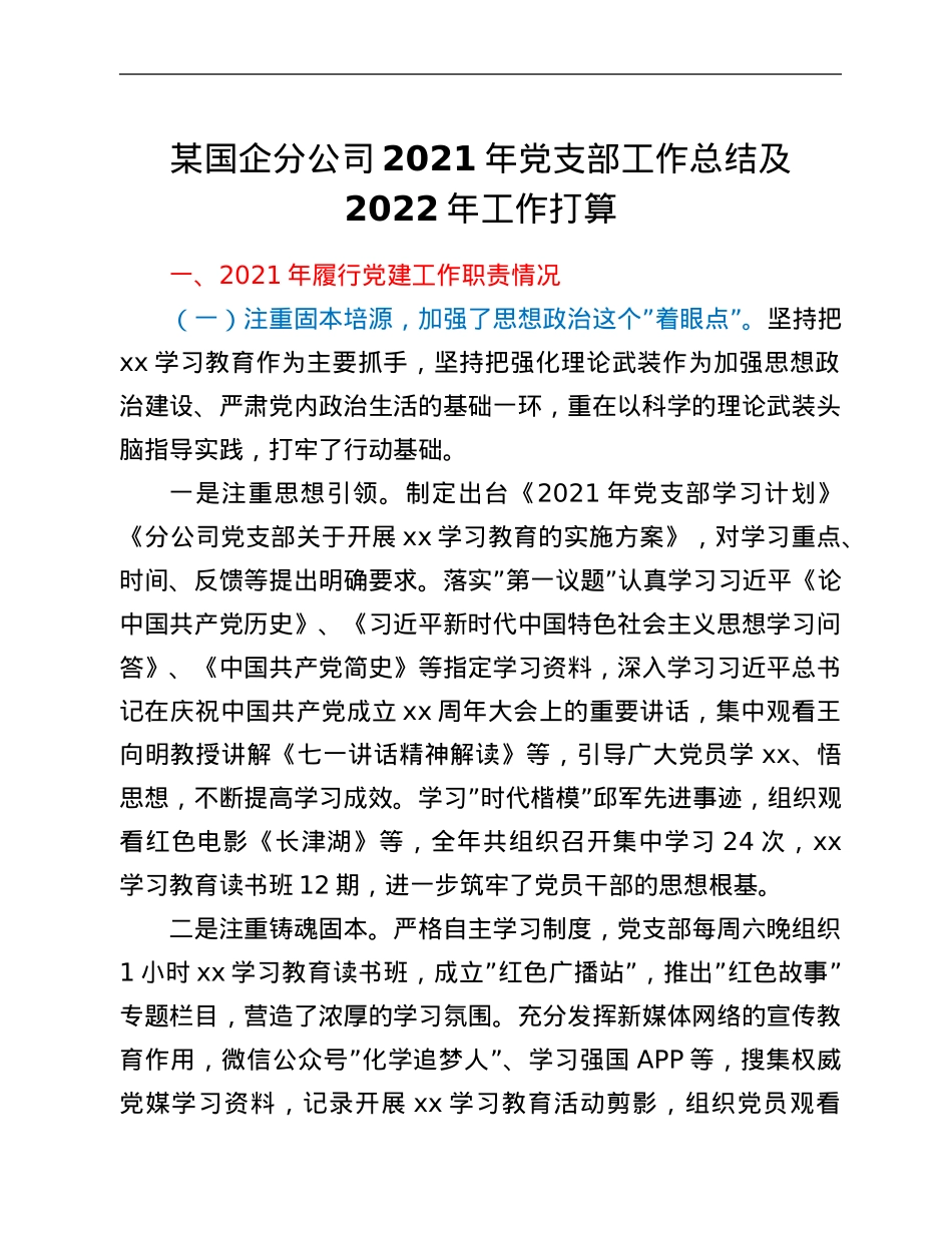 某国企分公司2021年党支部工作总结及2022年工作打算.Doc_第1页