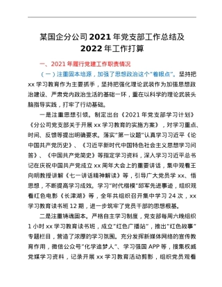 某国企分公司2021年党支部工作总结及2022年工作打算.Doc