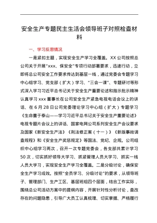 安全生产专题民主生活会领导班子对照检查材料（公司）.docx