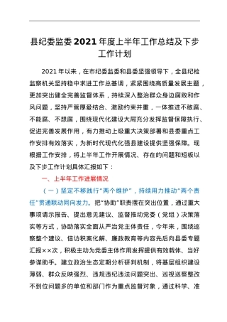 县纪委监委2021年度上半年工作总结及下步工作计划.docx