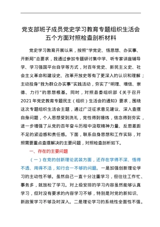 党支部班子成员党史学习教育专题组织生活会五个方面对照检查剖析材料.docx
