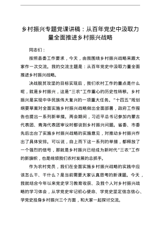 【党课】乡村振兴专题党课讲稿从百年党史中汲取力量全面推进乡村振兴战略.doc