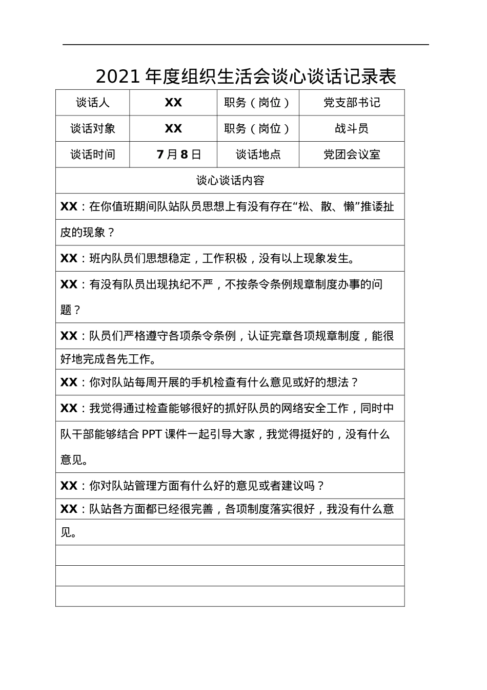 某支部2021年度组织生活会谈心谈话记录表汇编7篇.docx_第2页