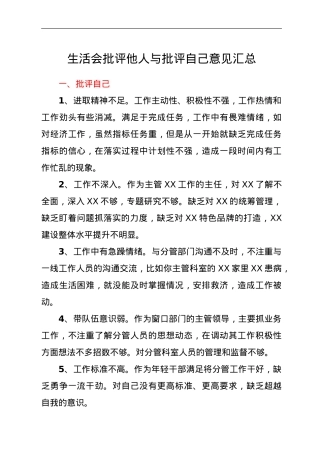 生活会批评他人与批评自己意见汇总.doc