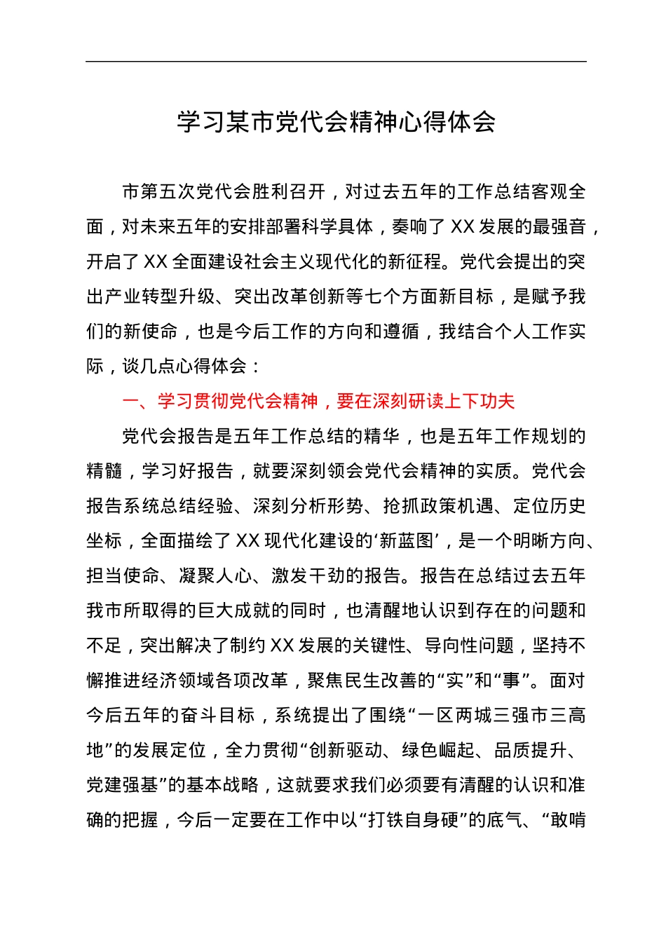 学习某市党代会精神心得体会.docx_第1页