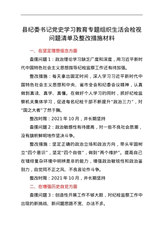 县纪委书记党史学习教育专题组织生活会检视问题清单及整改措施材料.docx