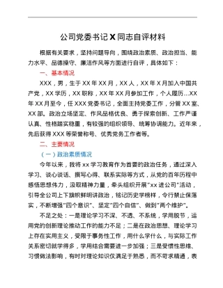 公司党委书记X同志自评材料.Doc