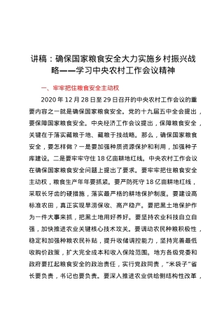 讲稿：确保国家粮食安全 大力实施乡村振兴战略——学习中央农村工作会议精神.docx