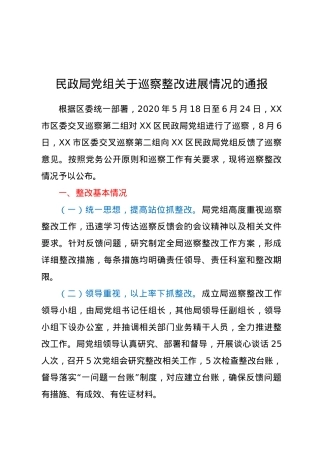 民政局党组关于巡察整改进展情况的通报.doc