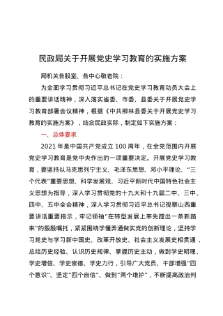 民政局关于开展党史学习教育的实施方案.doc
