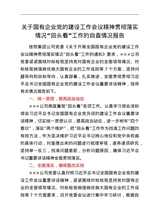 关于国有企业党的建设工作会议精神贯彻落实情况“回头看”工作的自查情况报告.doc