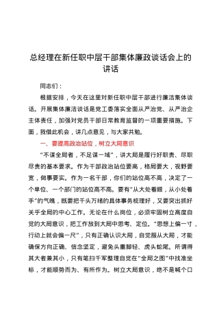 总经理在新任职中层干部集体廉政谈话会上的讲话.docx