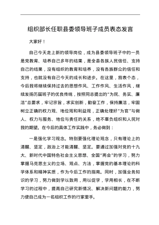 组织部长任职县委领导班子成员表态发言.docx
