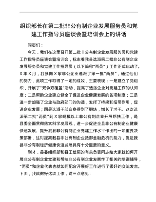 组织部长在第二批非公有制企业发展服务员和党建工作指导员座谈会暨培训会上的讲话.Doc