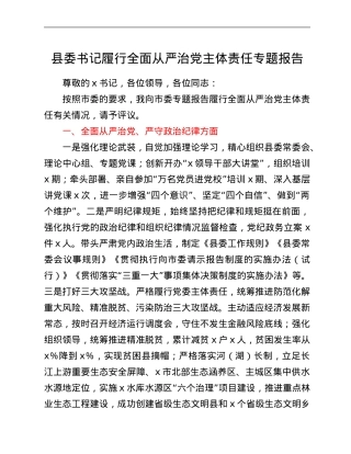 县委书记履行全面从严治党主体责任专题报告.Doc