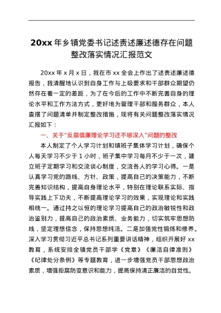 乡镇党委书记述责述廉述德存在问题整改落实情况汇报范文.docx