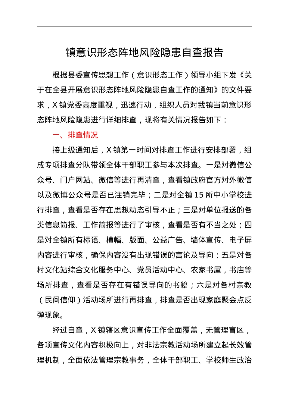 镇意识形态阵地风险隐患自查报告.docx_第1页