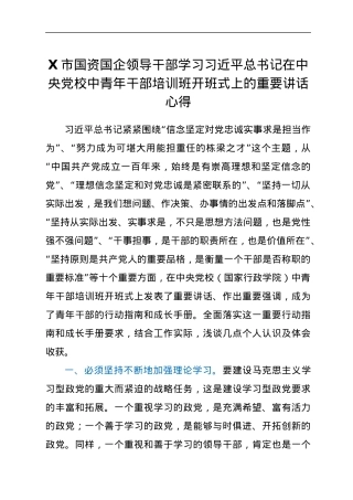 X市国资国企领导干部学习习近平总书记在中央党校中青年干部培训班开班式上的重要讲话心得.docx