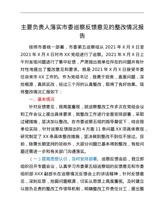 主要负责人落实市委巡察反馈意见的整改情况报告.Doc