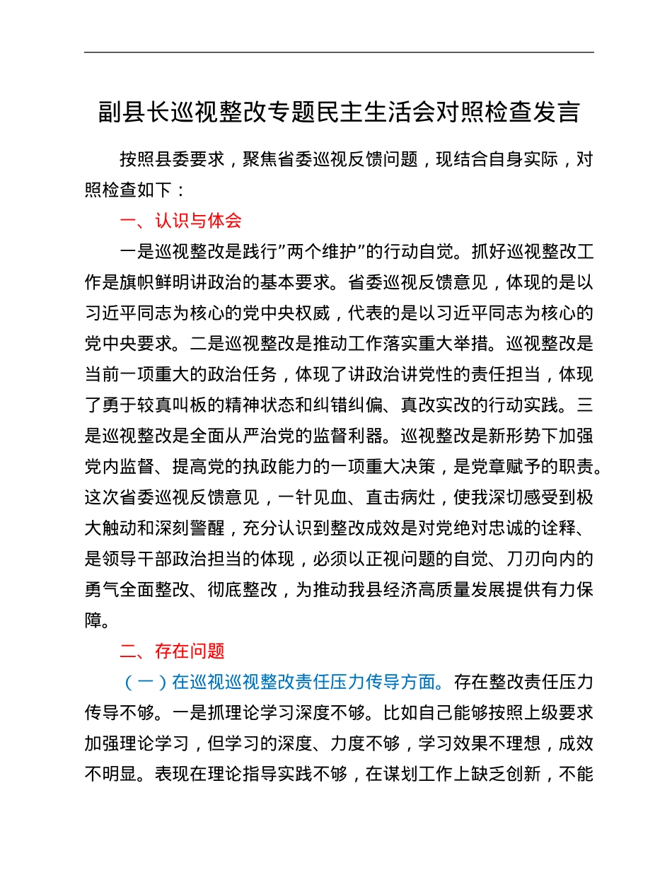 副县长巡视整改专题民主生活会对照检查发言.Doc_第1页