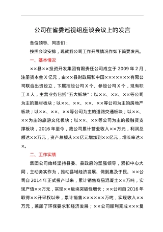 公司在省委巡视组座谈会议上的发言.docx
