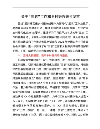 关于“三农”工作和乡村振兴研讨发言.Doc