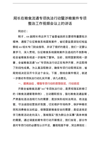 局长在粮食流通专项执法行动暨涉粮案件专项整治工作视频会议上的讲话（范文）.doc