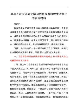 某县长在支部党史学习教育专题组织生活会上的发言材料.docx