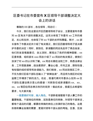 区委书记在市委宣布X区领导干部调整决定大会上的讲话.doc