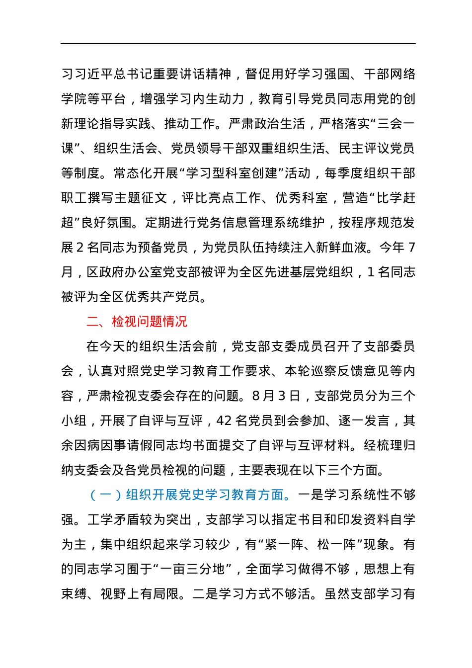 区政府办公室党支部2021年上半年工作及党史学习教育检视问题情况通报.docx_第3页